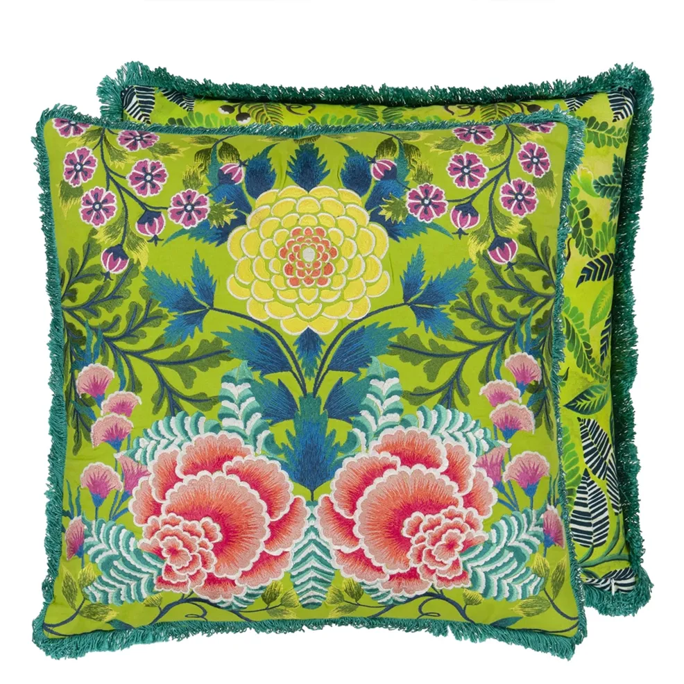 Brocart Decoratif Embroidered Lime Cotton Cushion by Designers Guild