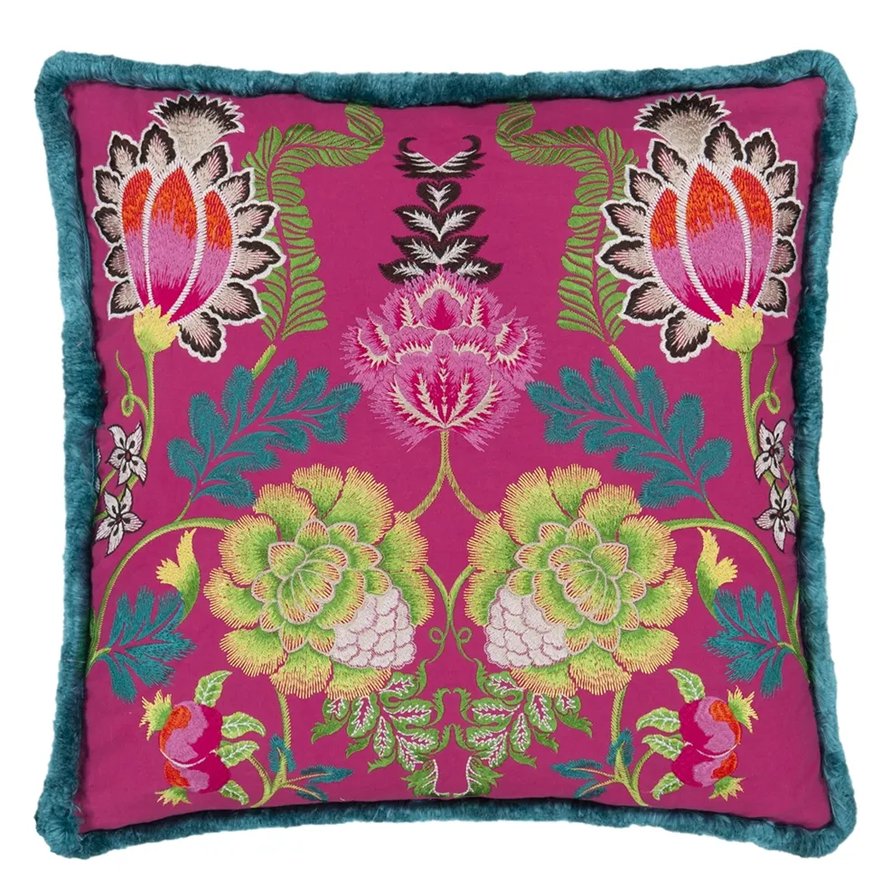 Brocart Decoratif Embroidered Cerise Cotton Cushion by Designers Guild