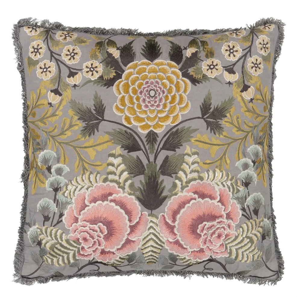 Brocart Decoratif Embroidered Sepia Cotton Cushion by Designers Guild