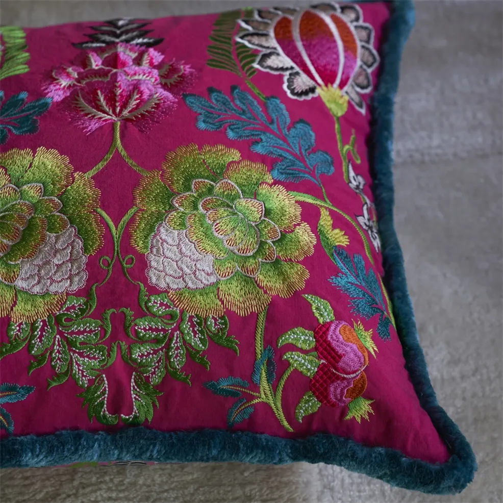 Brocart Decoratif Embroidered Cerise Cotton Cushion by Designers Guild